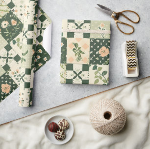 Papier Cadeau Couvre-lit vert patchwork antique carreaux géométr