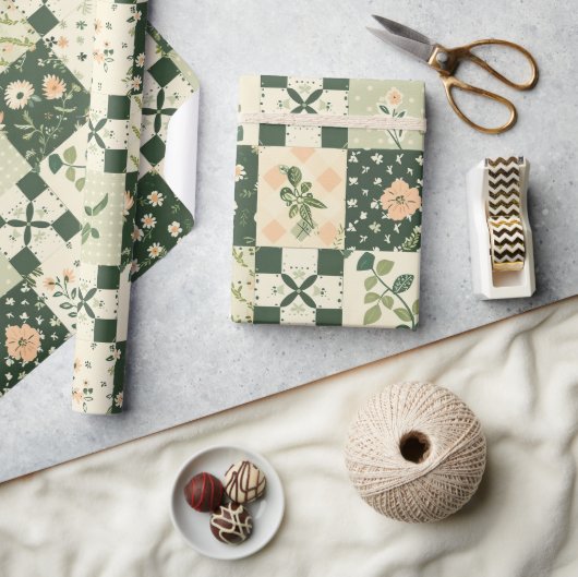 Papier Cadeau Couvre-lit vert patchwork antique carreaux géométr (Artisanat)