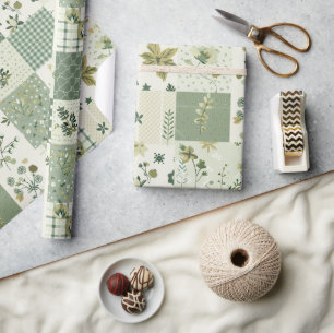 Papier Cadeau Couvre-lit vert patchwork antique carreaux géométr