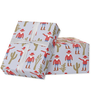 Papier Cadeau Cowboy Santa Claus Noël Bleu