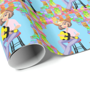 Papier Cadeau Cowgirl Country Chanteur Occidental Avec Guitare J