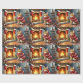 Papier Cadeau Cozy Abyssinian Cat by Fireplace Christmas Lights (Plat)