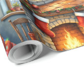 Papier Cadeau Cozy Abyssinian Cat by Fireplace Christmas Lights (Coin rond)