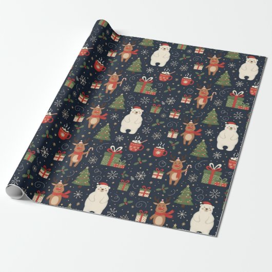 Papier Cadeau Cozy Christmas Pattern Reindeer Polar Bear Wrap (Déroulé)