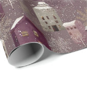 Papier Cadeau Cozy Snowy Winter Village Pattern (1) (Coin rond)