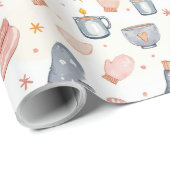 Papier Cadeau Cozy Winter Mittens & Mug Watercolor Pattern  (Coin rond)