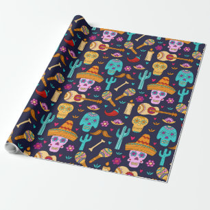 Papier Cadeau Crâne à sucre sur papier d'emballage motif bleu fo