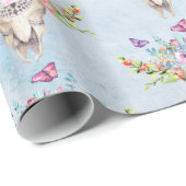 Papier Cadeau Crâne animal Boho avec papillons et fleurs (Coin rond)