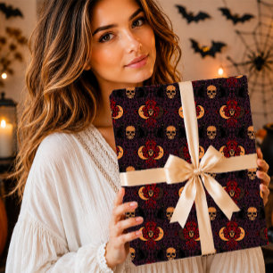Papier Cadeau Crâne de Chat Noir Gothique Lune Croissante Damass