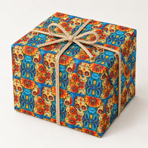 Papier Cadeau Crâne de sucre coloré Motif floral Art populaire P