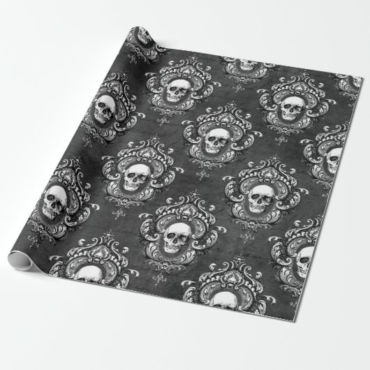Papier Cadeau Crâne et gothique gris (Déroulé)