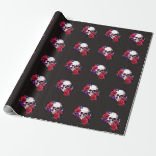 Papier Cadeau Crâne et Rose : Aquarelle florale foncée.