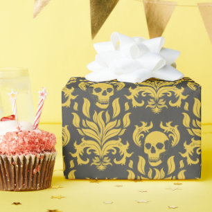 Papier Cadeau Crâne flamme Damas en moody jaune sur gris foncé