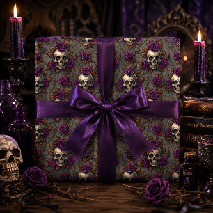 Papier Cadeau Crâne gothique et roses violettes Fleurs sombres