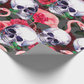Papier Cadeau Crâne humain avec flamants et fleurs de rose rouge (Coin)