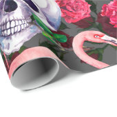 Papier Cadeau Crâne humain avec flamants et fleurs de rose rouge (Coin rond)