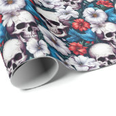 Papier Cadeau Crânes à fleurs rouges et blanches (Coin rond)