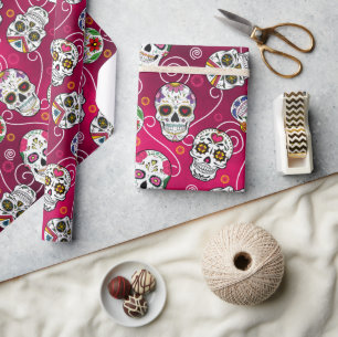 Papier Cadeau Crânes à sucre et torsades rouge ID725