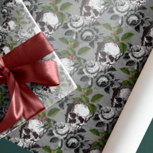 PAPIER CADEAU CRÂNES ANTIQUES ROSES NOIR GRIS