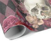 Papier Cadeau Crânes avec des roses et Checkered pourpre rose (Coin rond)