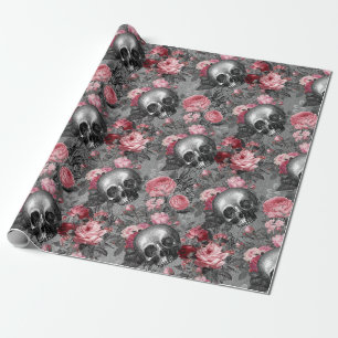 Papier Cadeau Crânes avec roses roses sur gris