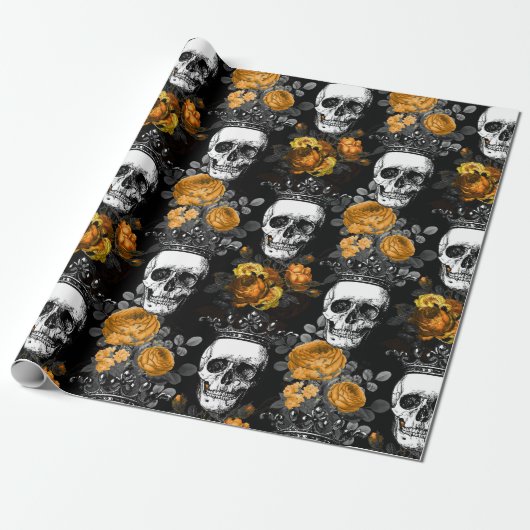 Papier Cadeau Crânes couronnés avec les roses oranges (Déroulé)
