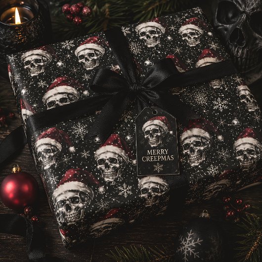 Papier Cadeau Crânes de Noël gothiques avec chapeaux de Père Noë