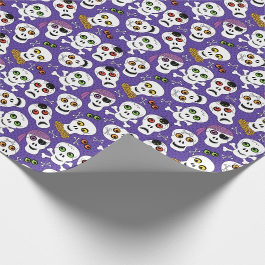 Papier Cadeau Crânes d'Halloween mous sur violet (Coin)