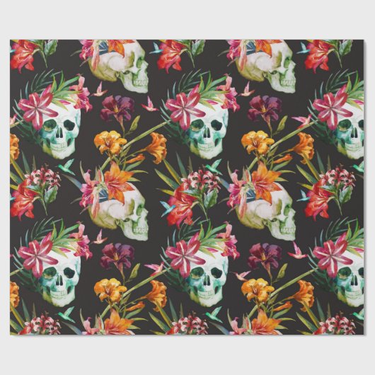Papier Cadeau Crânes effrayants éffrayants avec fleurs Halloween (Plat)