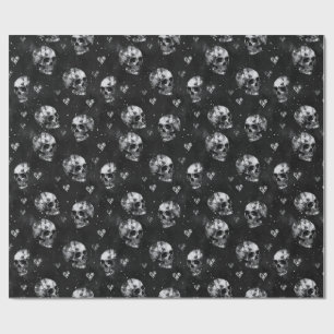 Papier Cadeau Crânes et cœurs gothiques noirs
