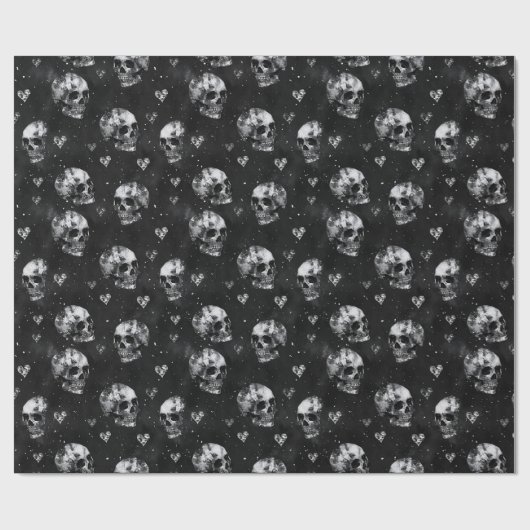 Papier Cadeau Crânes et cœurs gothiques noirs (Plat)