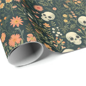 Papier Cadeau Crânes et fleurs Halloween vert (Coin rond)