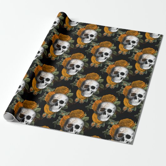 Papier Cadeau Crânes et fleurs orange sur noir (Déroulé)