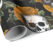Papier Cadeau Crânes et fleurs orange sur noir (Coin rond)
