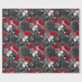 Papier Cadeau Crânes et fleurs rouges sur gris (Plat)