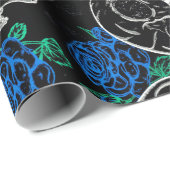 Papier Cadeau Crânes et Roses bleus | Cool Funky Dark Grunge (Coin rond)