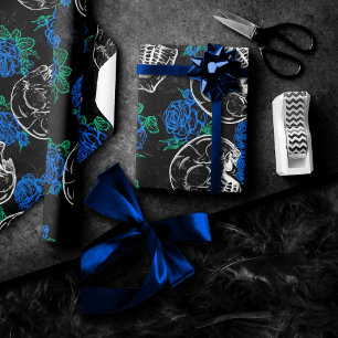 Papier Cadeau Crânes et Roses bleus Cool Funky Dark Grunge