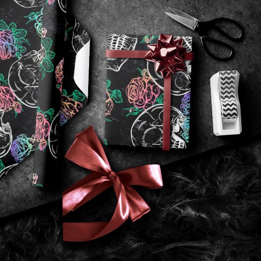 Papier Cadeau Crânes et Roses Ombre | Gothique Glam Pastel Grung