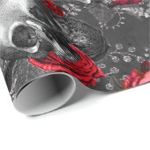 Papier Cadeau Crânes et roses rouges sur gris (Coin rond)