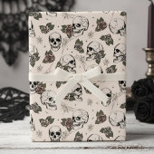 Papier Cadeau Crânes gothiques blancs antiques et fleurs Roses