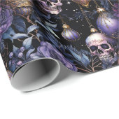 Papier Cadeau Crânes gothiques d'arbre de Noël Noir & Violet (Coin rond)