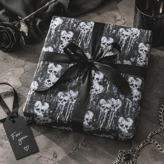 Papier Cadeau Crânes gothiques Éffrayants avec Coeurs