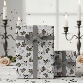Papier Cadeau Crânes gothiques gris et fleurs Roses