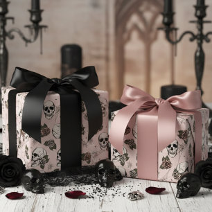 Papier Cadeau Crânes gothiques roses et fleurs Roses