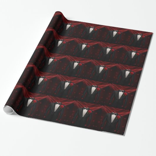 Papier Cadeau Cravate Bow Noir avec Rose Rouge Tuxedo (Déroulé)