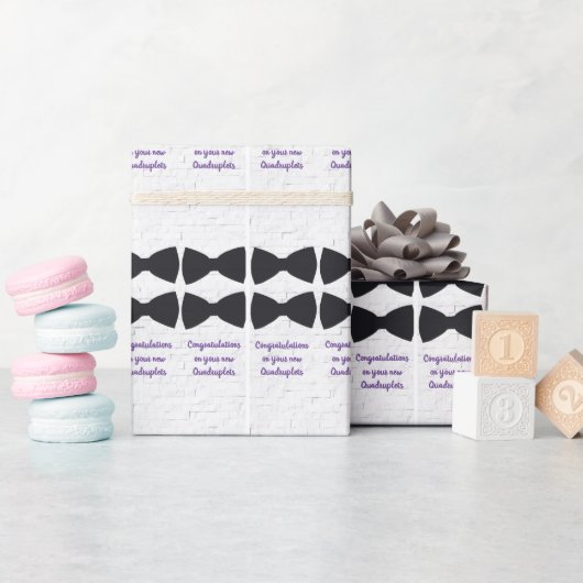 Papier Cadeau Cravates Black Bow sur Blanc avec Quadruplets viol (Baby Shower)