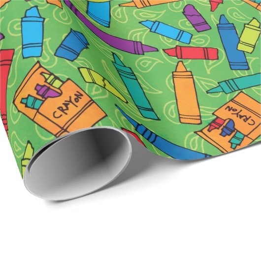 Papier Cadeau Crayon bleu bleu clair sur Motif vert (Coin rond)