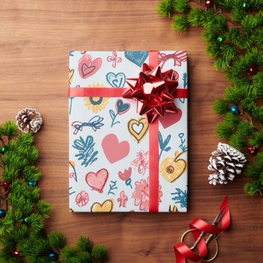 Papier Cadeau Crayon Coeurs et fleurs (Cadeau de vacances)