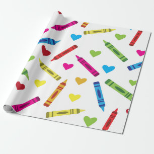 Papier Cadeau Crayons colorés de l'école Motif avec les coeurs