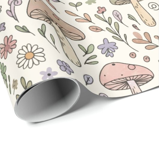Papier Cadeau Cream Pastel Mushroom Fungi Seamless Pattern (Coin rond)
